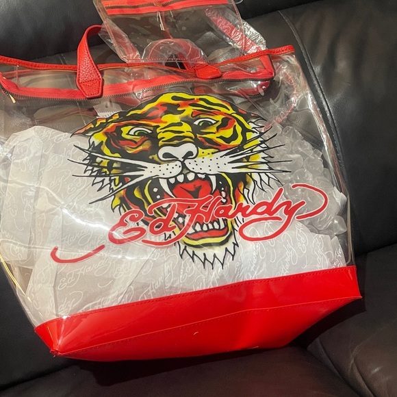 Ed Hardy Handbags - Ed Hardy Transparent Tote with Tiger and Red Accents Large